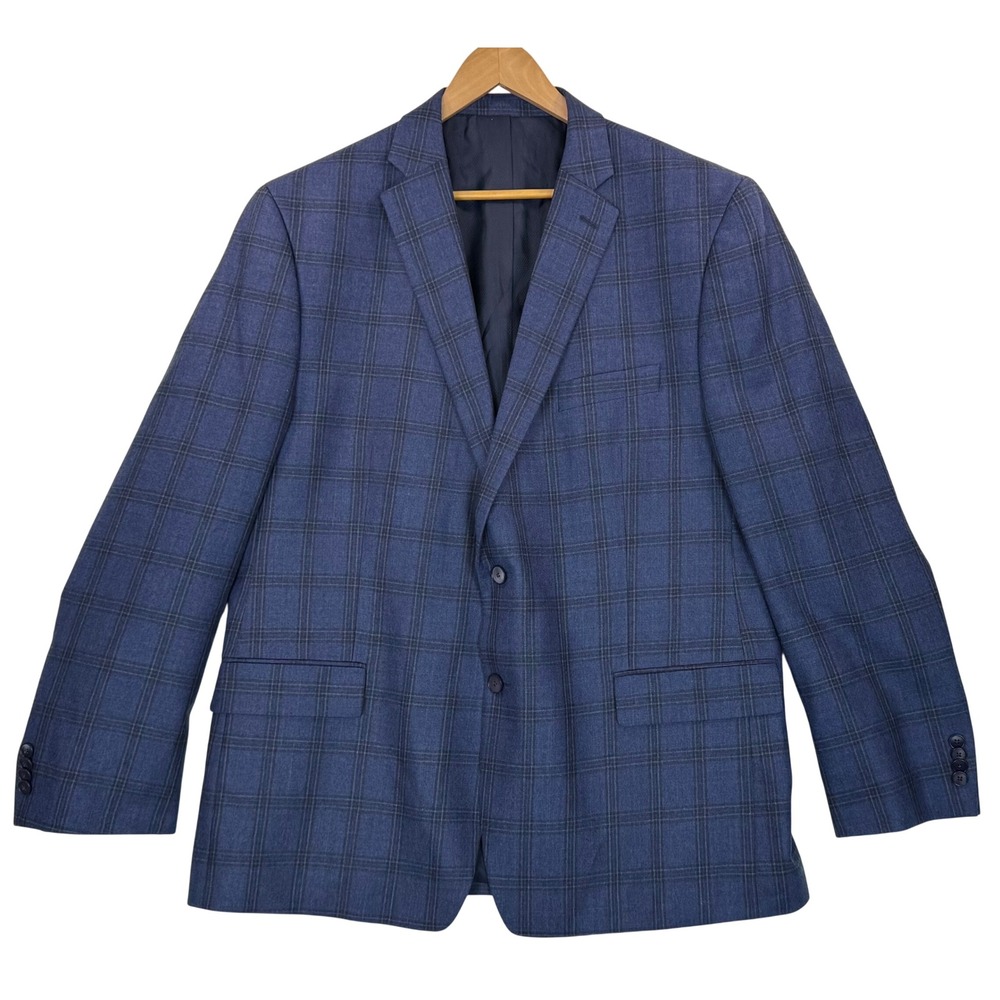 Michael Kors Wool Windowpane Plaid Sport Coat Blazer Jacket Navy Blue Sz 48R